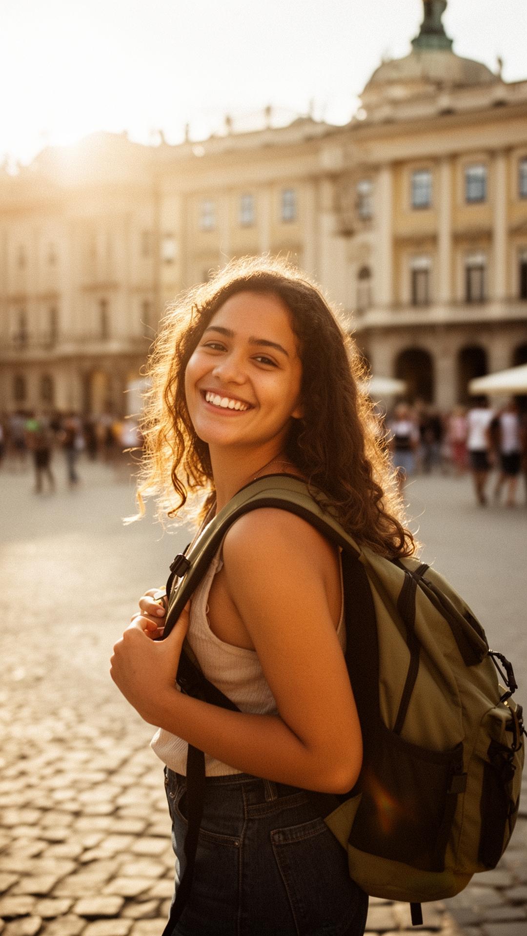 Estudante brasileira sorrindo em praça europeia ao pôr do sol